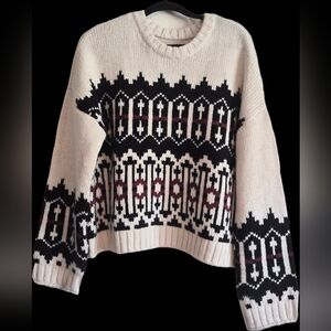Cream Fair Isle Knit Sweater with Black and Burgundy Pattern LOU & GREY